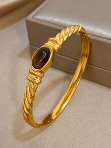 1Pc Retro Twisted Rope Oval Tiger Eye Stone Stainless Steel Bangle Bracelet,Gold Jewelry For Women,Daily,Party,Boho,Y2K,Christmas Gift,Halloween/Fall - Multicolor - View 2