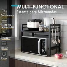 Estante Extensible para Horno de Microondas de 2 Niveles, Organizador Ajustable para Cocina con Espacio de Almacenamiento, Soporte Práctico para Microondas, Utensilios, Condimentos y Accesorios, Diseño Resistente para Aprovechar el Espacio en Encimeras, Alacenas y Cocina del Hogar - Negro - Ver 3
