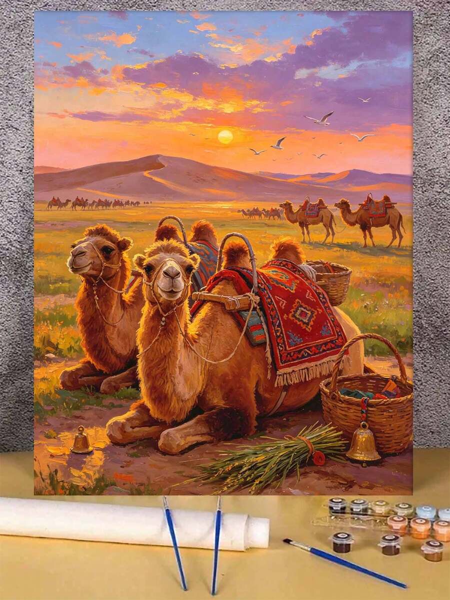 1pc Digital Oil Painting Set, Desert Camel, DIY Digital Oil Painting Art Craft, Suitable For Adults, Wall Decor Art, Canvas Painting, Holiday And Party Gift