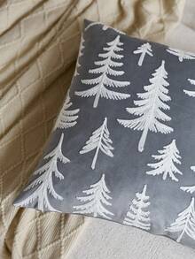 1pc Gray Christmas Tree Embroidered Pillow Case, Suitable For Indoor Decoration, Christmas Decoration, All Season Pillow Case, Without Insert - Grey - View 5