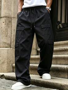 Men's Casual Street Style Cargo Pants - Loose Fit Wide Leg Trousers, Multi-Pocket Design, Drawstring Waist, Solid Color For Daily Wear, Elastic Waistband With Drawstring, Suitable For All Year Round - Black - View 3