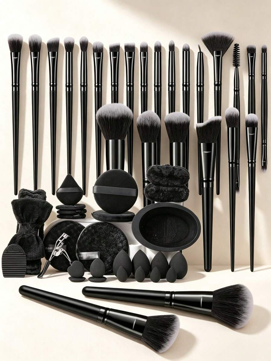 26/51pcs All-In-One Soft Makeup Tool Set, Includes 25pcs Multi-Function Makeup Brushes (Face And Eye Brushes), Blending Sponges, Assorted Powder Puffs, Headband, Wristbands, Cleaning Bowl, Complete Makeup Tool Set For Women Beginners - Black - View 1
