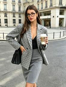 Women's Grey Base Black Polka‑Dot Boxy Blazer, Lapel Single‑Button Design, Wide‑Shoulder Loose Fit, Blazer With Flap Pockets - Grey - View 3