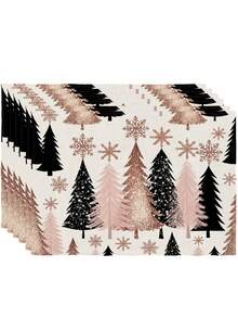2/4/6 Pcs Christmas Deer Snowman Christmas Tree Print Table Placemat Watercolor Cartoon Style Polyester Rectangle Heat Resistant Dining Table Mat For Christmas Winter Party Home Decor - Pink - View 9