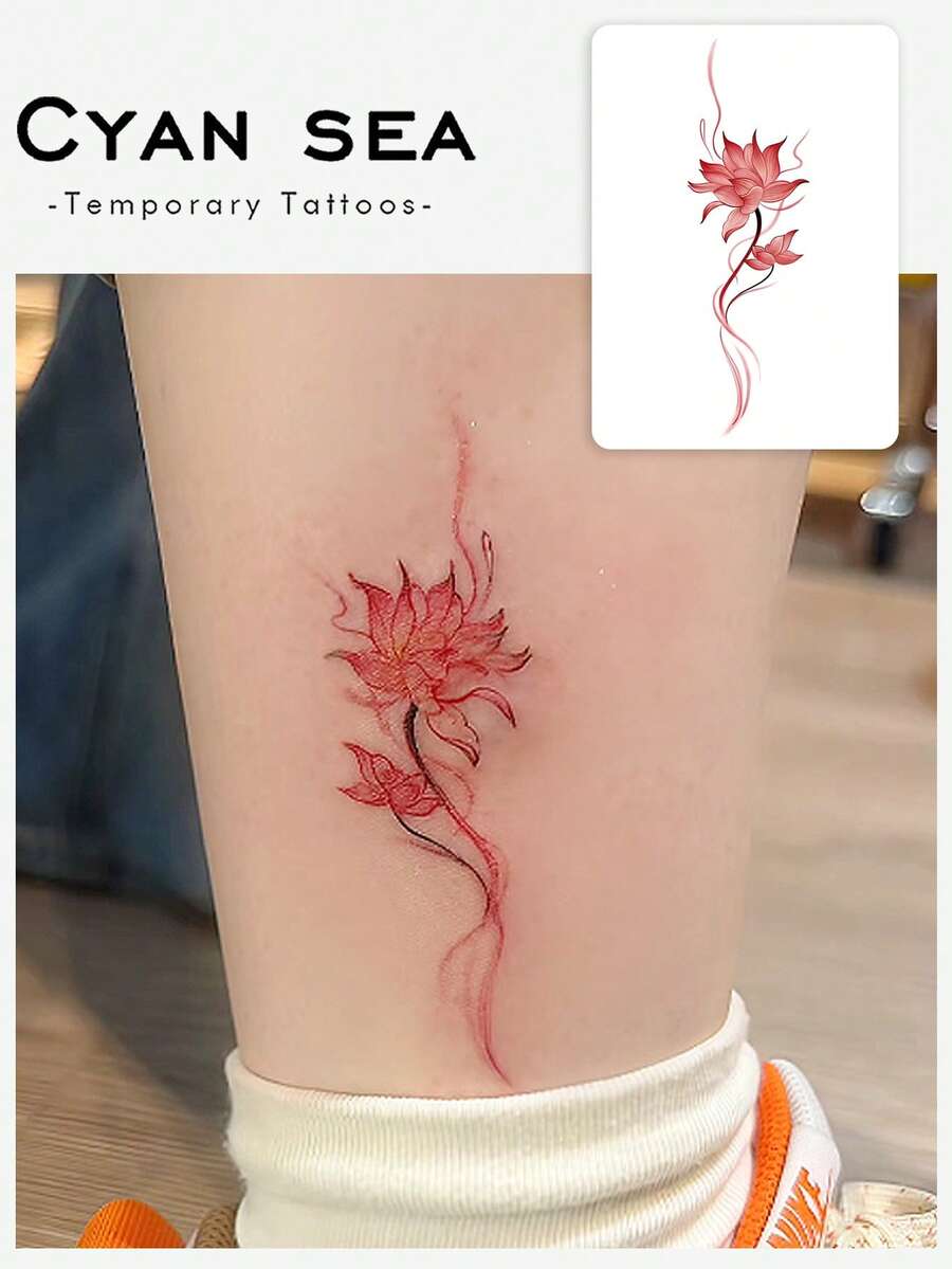 1pc Temporary Tattoo Sticker, Red Lotus Ink Wash Pattern, Realistic Tattoo Design, Suitable For Daily Wear, Bachelorette Party Favors, Music Festivals, Games, Graduation Gifts, Lasts 3-5 Days - Red - View 1