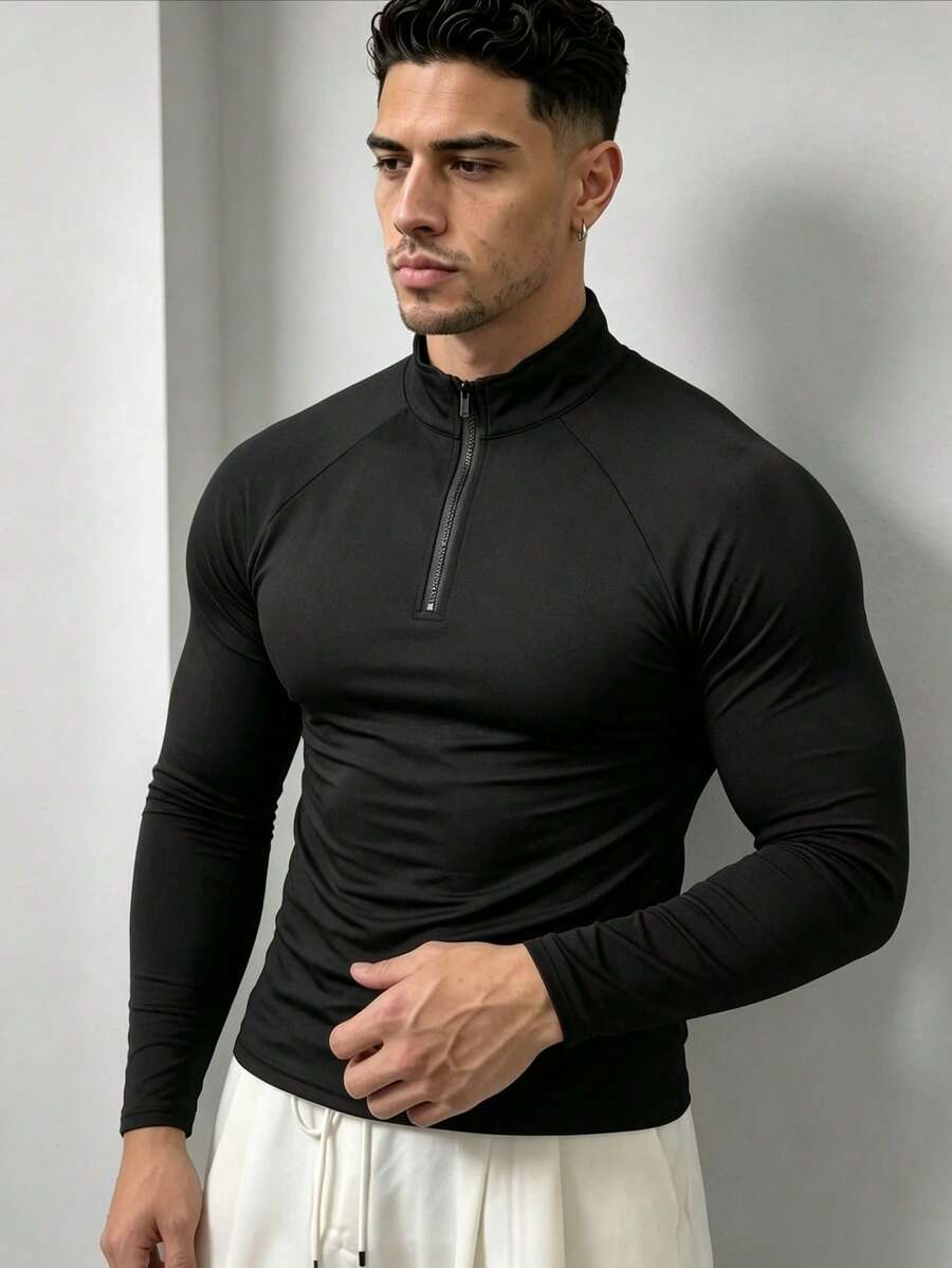 ZYNTH BALENO Men's Fashion Slim Fit Raglan Sleeve Zip-Up Collar Long Sleeve T-Shirt, Suitable For Gym, Running, Hiking - Black - View 1