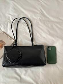 1件女款純色單肩托特包，大容量，時尚秋冬新款，麂皮面料，適合辦公、通勤、購物、度假、旅行，送禮佳品 - 黑色 - 查看 4