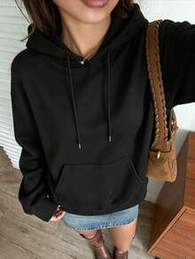 Women's White Loose Comfortable Hooded Sweatshirt, Warm Lining Drawstring Pullover, With Pockets, Suitable For Autumn/Winter Wear - Black - View 2