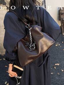 low tea 1pc Fashion PU Fabric Shoulder Tote Bag Suitable For Commuting, Shopping, Etc. (With Pendant) - Coffee - View 11