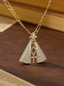 1PC European & American Classic Fashion Religious Element Layering Necklace, 14k Gold Plated Copper Vintage Gold Single-Sided Inlaid Zirconia Cape Style 3D Our Lady Of Aparecida & Hollow Cross Guardian Light Limited Edition Necklace, With 60cm Figaro Chain, Suitable For Christmas/Thanksgiving/Halloween/Mother's Day/Valentine's Day Couples/Friends/Fellow Believers Gifts, Catholic First Communion, Gift, Daily & Holiday Wear Prayer - Yellow Gold - View 5