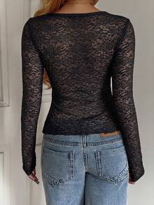 SCARLUX Fall Women Y2K Fitted Top, Black Floral Lace Surplice V‑Neck, Asymmetrical Hem Tee For Back To School, Street Fits, Daily Commute - Black - View 11