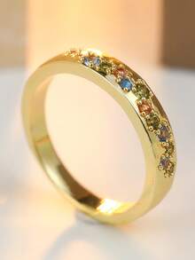 YOYO Vintage Exquisite Multi-Color Synthetic Zirconia Inlaid Wide Ring, Bohemian Women's Daily Wear Jewelry - Gold - View 7