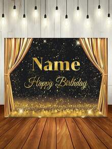 Customizable Name Black & Gold Glowing Background Happy Birthday Banner, Gold Glitter Curtain Design, Suitable For Birthday Party Cake Table Backdrop Decor, Photography Backdrop, Vinyl Material - Gold - View 2