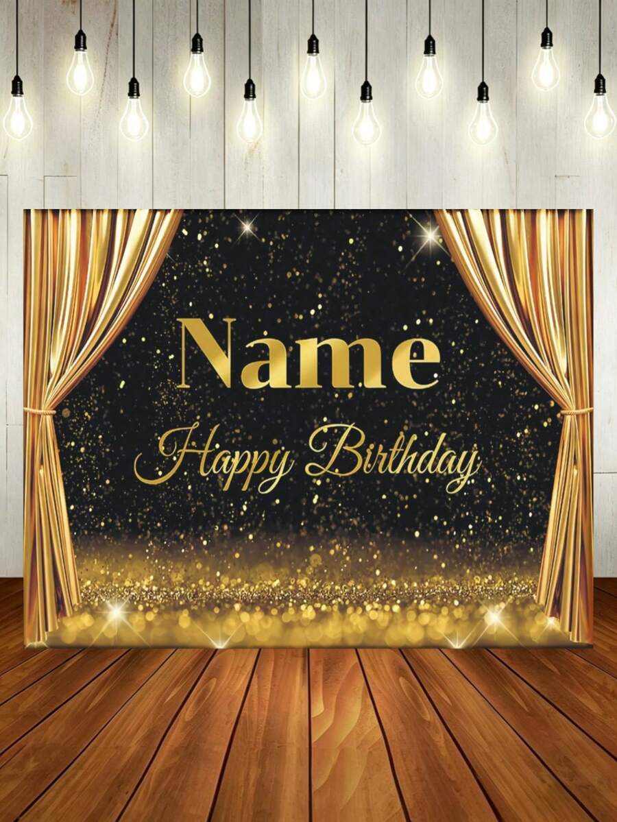 Customizable Name Black & Gold Glowing Background Happy Birthday Banner, Gold Glitter Curtain Design, Suitable For Birthday Party Cake Table Backdrop Decor, Photography Backdrop, Vinyl Material