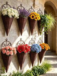 6pcs/4pcs Creative Simulation Fan Hanging Vase Flower Basket Triangle Wall Art Rattan Woven Wall Hanging Flower Device Indoor Decoration Hanging Basket Flower Pot Holder - Flower Basket - View 5