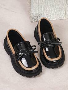 1 đôi giày trẻ em kiểu loafer thời trang tinh tế, trang trí nơ satin lớn dễ thương, đế dày mang lại sự thoải mái tối đa, phù hợp đi du lịch, hằng ngày, đến trường, dự tiệc và nhiều dịp khác, xuân/hè/thu/đông - màu đen - Xem 3