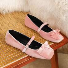 Women's Velvet Mary Jane Flat Shoes With Square Toe, Buckle Strap, Comfortable Plus Size Elegant Flat Shoes For Spring And Autumn - Pink - View 4