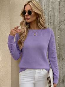 Women's Minimalist Hollow Out Knit Sweater, French Elegant Slim Fit For Commuting And Casual Layering - Purple - View 3