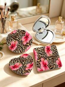 1 buah Cermin Rias Portabel Motif Leopard - Bentuk Hati/Bulat/Persegi - Cermin Lipat Dua Saku - Cermin Rias Portabel untuk Perjalanan - Motif Leopard - Hadiah Ideal untuk Wanita - MultiWarna - View 2