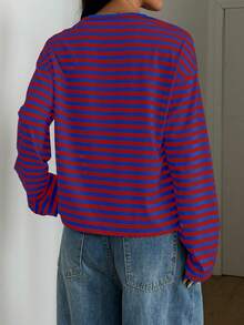SDNGED Women's Casual Top Striped Contrast Color Ribbed Daily Wear Spring Autumn - Red and Blue - View 3