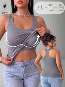 Plus Size Built In Bra Cami Ribbed Tank Top Scoop Neck Women Solid Color Everyday Basic Underwear Comfort Innerwear - Grey - View 2