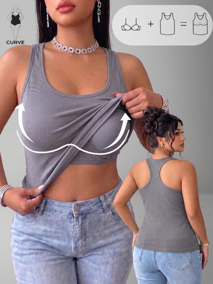 Plus Size Built In Bra Cami Ribbed Tank Top Scoop Neck Women Solid Color Everyday Basic Underwear Comfort Innerwear - Grey - View 1