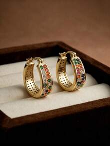 CHICAT 1 Pair Elegant Fashion Gold Multi-Color Synthetic Zirconia Oval Hoop Earrings, Lever Back Design, Suitable For Women's Party Jewelry - Multicolor - View 4