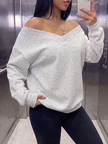 女款休閒抓絨內裡V領寬鬆衛衣，適合秋冬日常穿著、外出，秋冬服飾，灰色 - 淺花灰 - 查看 6