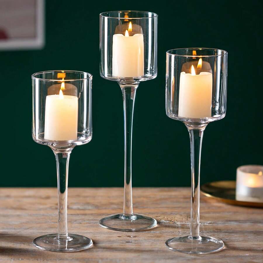 3 Pcs Glass Candle Holder Set, Glass Tealight Holders As Table Decoration For Living Room, Parties And Celebrations - 3pcs - View 1