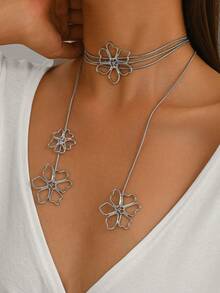 1pc Design Ginkgo Leaf French Style Long Flower Tassel Necklace, Minimalist Fashion Pearl Small Flower Round Snake Chain Necklace, High-End Metallic Feel Tassel Long Collarbone Chain, Suitable For Women's Daily And Banquet Wear - Silver - View 4