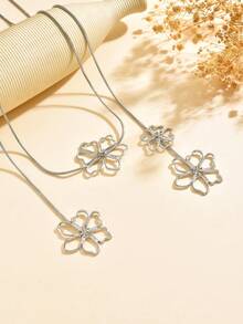 1pc Design Ginkgo Leaf French Style Long Flower Tassel Necklace, Minimalist Fashion Pearl Small Flower Round Snake Chain Necklace, High-End Metallic Feel Tassel Long Collarbone Chain, Suitable For Women's Daily And Banquet Wear - Silver - View 5