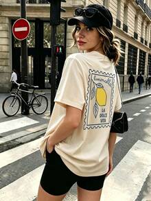 Plus Size Women's Italian Style Lemon Print T-Shirt, Minimalist Artistic Style, Italian Style, Round Neck, Short Sleeve, Casual Summer - Apricot - View 9