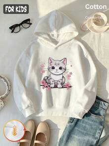 Autumn Winter Girls Fleece Hoodie With Cat And Pink Flower Print Y2K - White - View 3