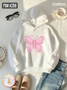 Autumn Winter Girls Fleece Hoodie With Pink Butterfly Print, White Long Sleeve Pullover With Ribbed Cuffs Y2K - White - View 3