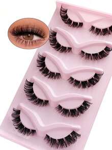 5 Pairs Cat Eye False Eyelashes, Fluffy & Soft, Transparent Band, Natural Long Style With Winged Tail, Elongating Eye Shape - Black - View 2