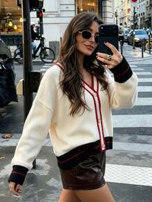 Women's College Style Colorblock Striped V-Neck Knit Cardigan, Retro Patchwork Single-Breasted Loose Long Sleeve Sweater Jacket - Apricot - View 3