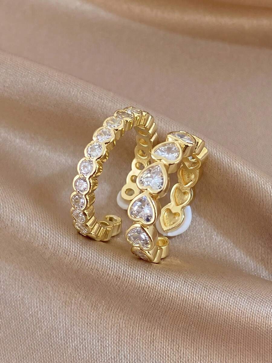 2Pcs Heart & Round Bezel CZ Stackable Ring Set, 18K Gold Plated Adjustable Open Rings For Women Daily Casual Office Wear Jewelry Gift - Multicolor - View 1