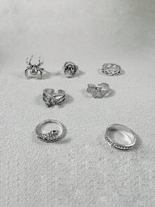 7pcs/Set Fashionable Hip-Hop Style Spider Snake Geometric Multi-Combination Ring Set, Suitable For Women's Daily Street Wear, Party Gathering Jewelry Gift - 33623-ring-s - View 4