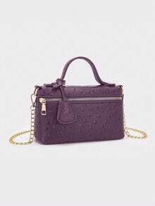 1pc PU Leather Stone/Ostrich/Snake Textured Elegant Lady's Box-Shaped Makeup Bag/Handbag , Purple - Purple - View 4
