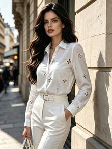 Fall Vintage White Collared Blouse, Elegant Floral Cutwork Embroidery Long Sleeve Shirt, Button Down Loose Top For Fall Winter - White - View 8