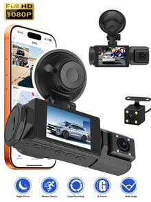 Kamera Dash Cam Mobil 3 Saluran, Kamera DVR Full HD 1080P, Tampilan 3 Arah Depan+Belakang+Interior, Sudut Lebar 110-150°, Sensor Gravitasi G-Sensor, Perekaman Berulang, Penglihatan Malam dan Pemantauan Parkir, Perekam Mengemudi Mobil, Hadiah untuk Pria dan Wanita - 3 Kamera - View 2