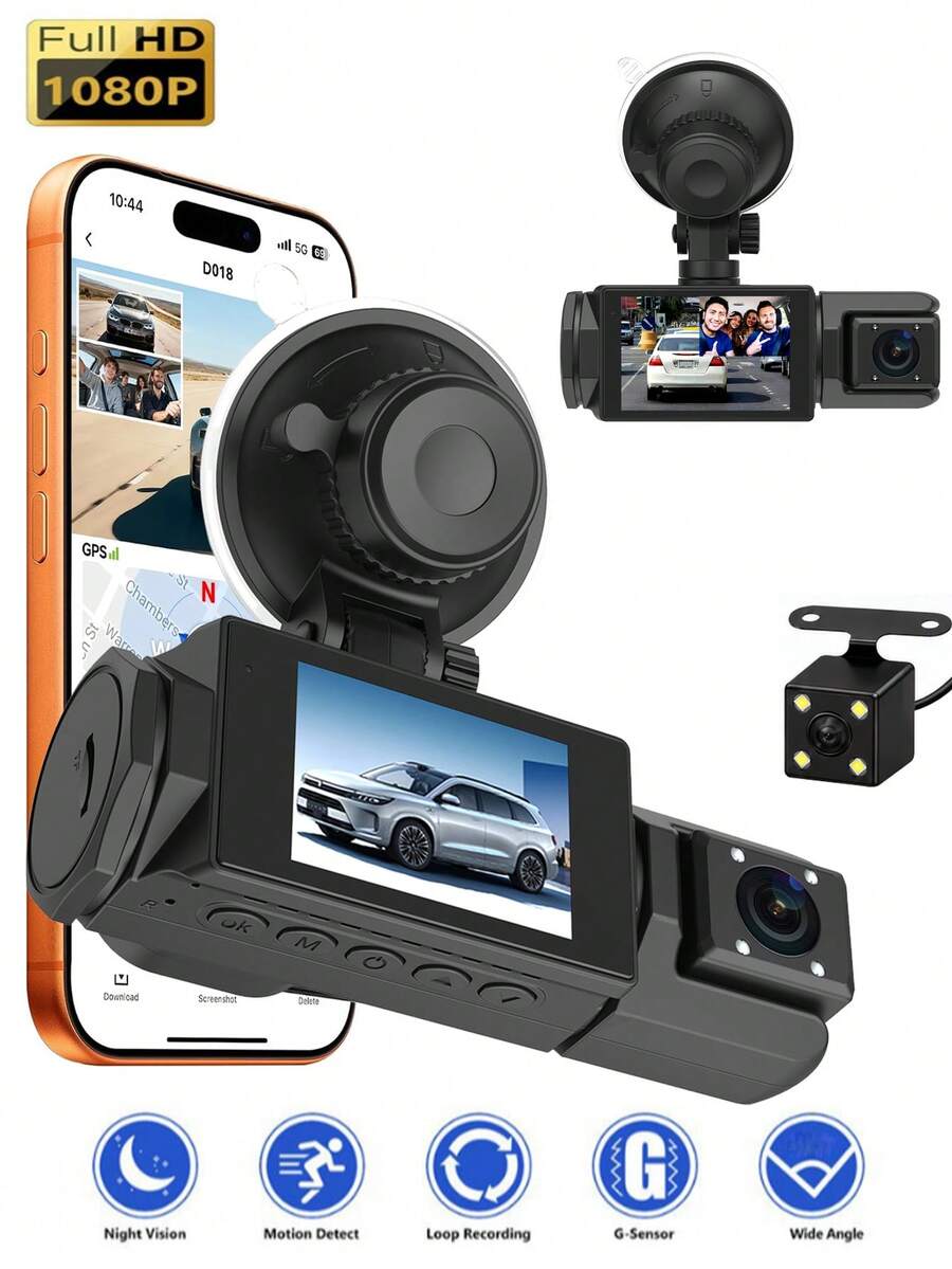 Kamera Dash Cam Mobil 3 Saluran, Kamera DVR Full HD 1080P, Tampilan 3 Arah Depan+Belakang+Interior, Sudut Lebar 110-150°, Sensor Gravitasi G-Sensor, Perekaman Berulang, Penglihatan Malam dan Pemantauan Parkir, Perekam Mengemudi Mobil, Hadiah untuk Pria dan Wanita