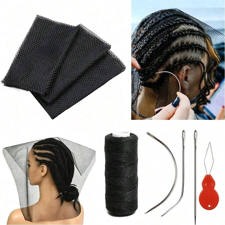 Wig Making Supplies Kit, Black Mesh Wig Net Base, Curved Sewing Needles, Weaving Thread & Needle Threader, DIY Wig Making Hair Weaving Tools For Braids Hair Extension - View 1