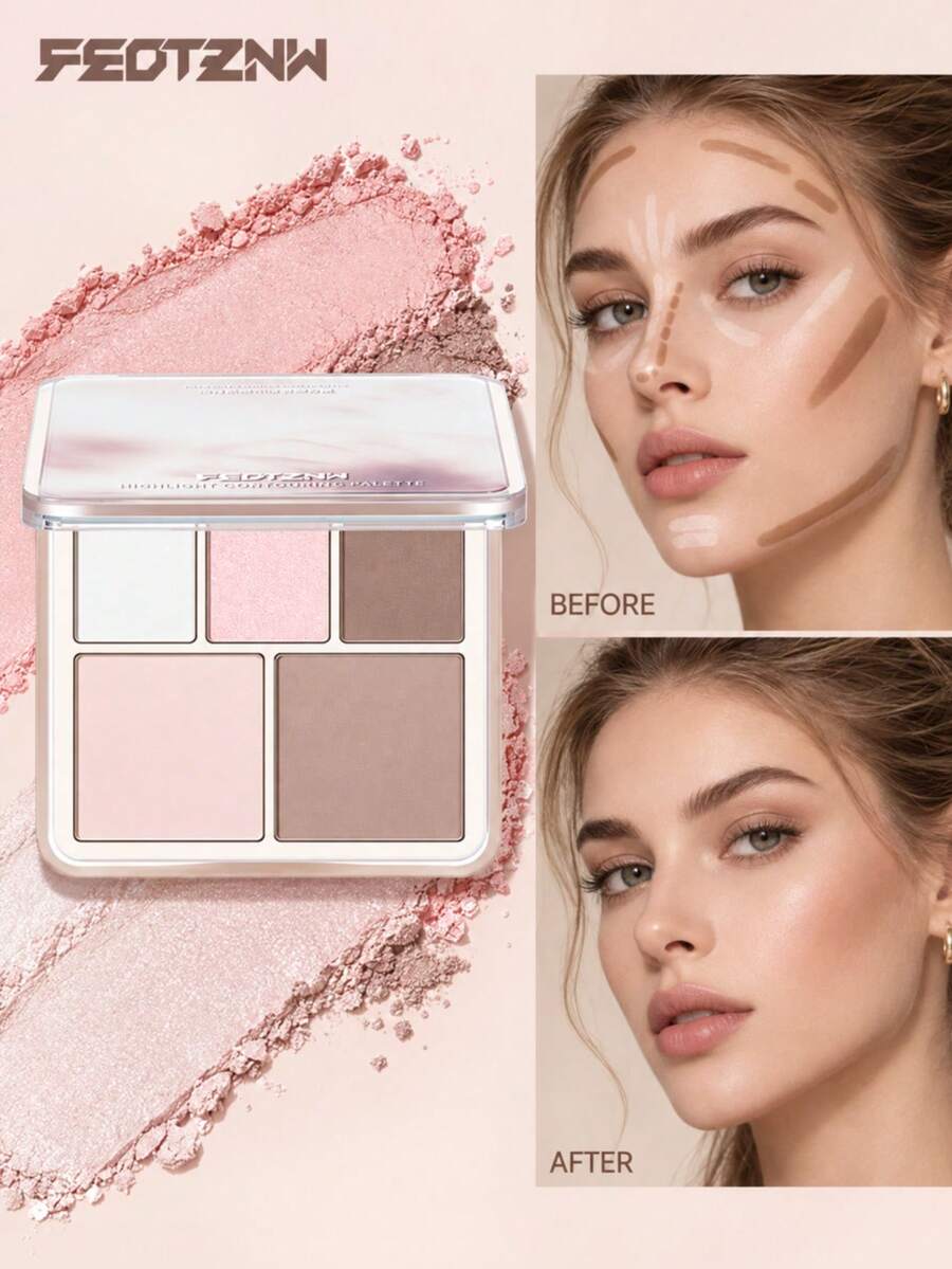 FEOTZNW Palet Kontur & Highlight 3D Light & Shadow, Kontur & Highlight 2-in-1, Efek Rias Wajah Terpahat, Palet Rias Wajah Wanita, Perlengkapan Rias Esensial - Nuansa Merah Muda - X02# Nada Merah Muda - View 1