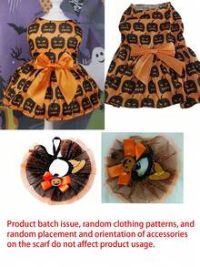 Halloween Pumpkin Print Dog Dress, Matching Bow And Ruffled Collar Set, Cute Orange And Black Halloween Costume, Lantern Pattern, Party Pumpkin Dress, Glittery Pumpkin Bow Hair Clip And Glittery Mesh Ruffled Collar - Multicolor - View 10