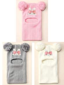 1Pc Children 1‑8Y Winter Knit Balaclava Helmet Hat, Cute Sleeping Rabbit , Two Big Fluffy Pom Pom Balls, Full Neck Cover Warm Keeping For Outdoor Use - Multicolor - View 20