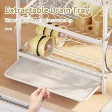 2-Tier Kitchen Dish Drying Rack, Countertop Plate And Bowl Storage Rack With Utensil Hooks And Drip Tray, Multi-Functional Desktop Kitchen Utensil Drying Rack, Suitable For Home Kitchen Countertop, Space-Saving Plate, Cup And Utensil Storage Rack, Ideal For Apartment And Home - White - View 7