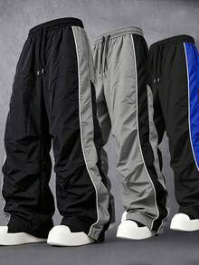 Men's Crinkle Texture Nylon Drawstring Waist Loose Fit Jogger Pants With Side Color Blocking And Topstitching Details, Casual Street Style For Daily Wear, Suitable For Spring/Summer - Grey - View 1