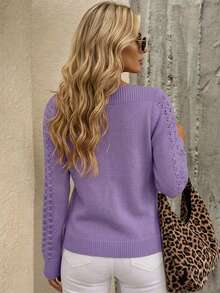 Women's Minimalist Hollow Out Knit Sweater, French Elegant Slim Fit For Commuting And Casual Layering - Purple - View 5