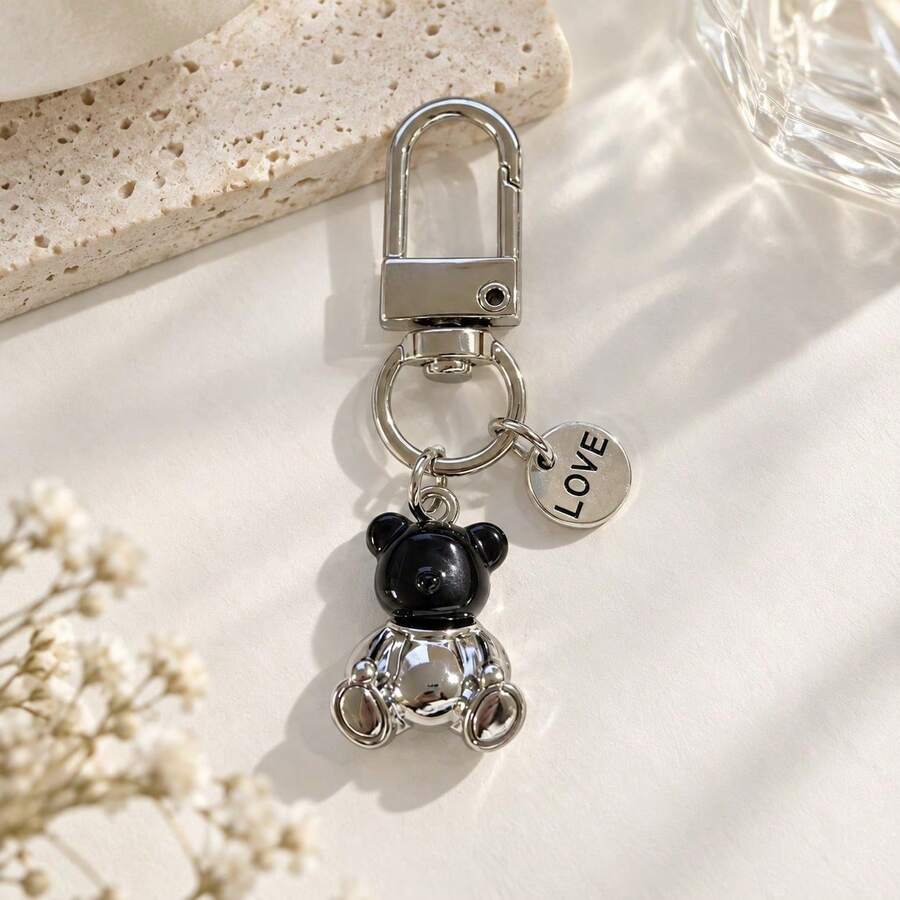 1件女款韓式黑銀色熊造型鑰匙圈,3D卡通可愛吊飾,個性創意禮物,適合學生與情侶,包包掛飾 - 彩色 - 查看 1